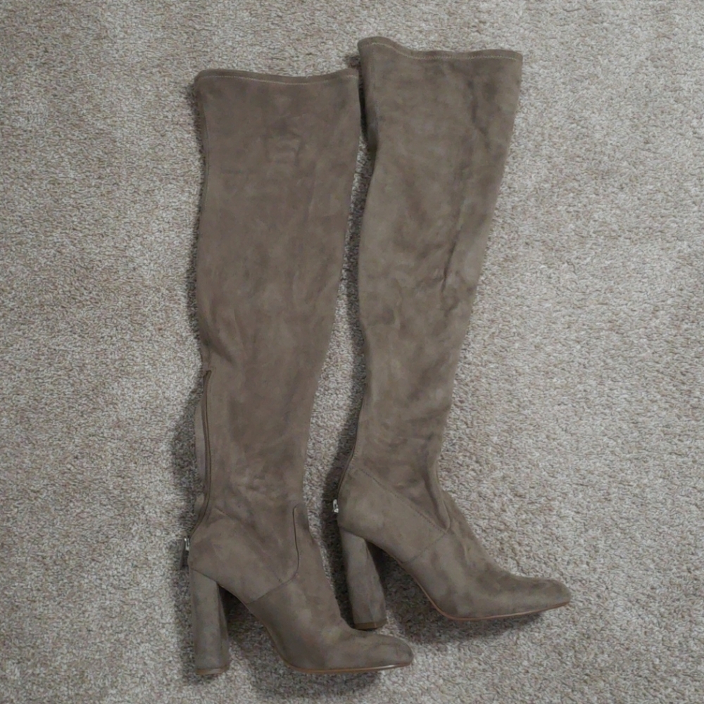 Thigh high taupe suede boots